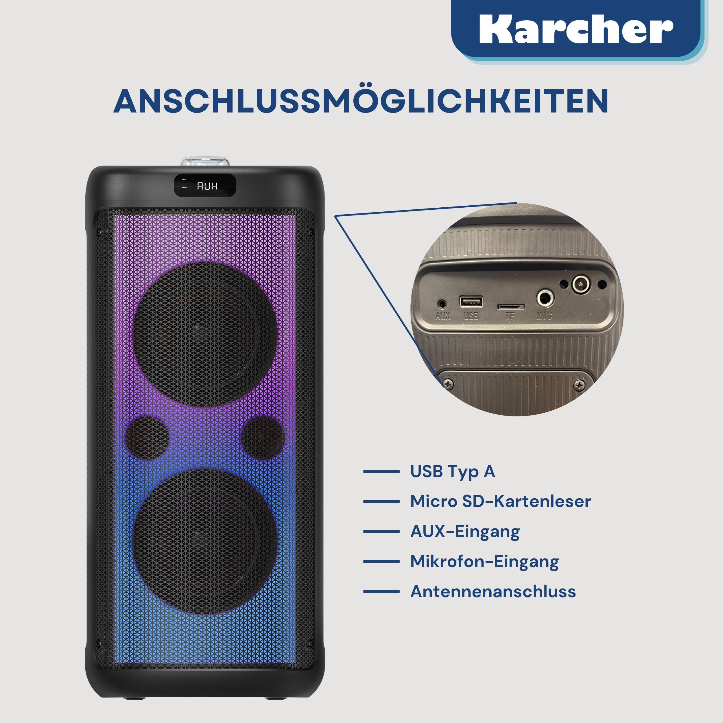 Schwarzer Karcher Bluetooth-Lautsprecher mit Anschlussmöglichkeiten wie USB, AUX und Mikrofoneingang.