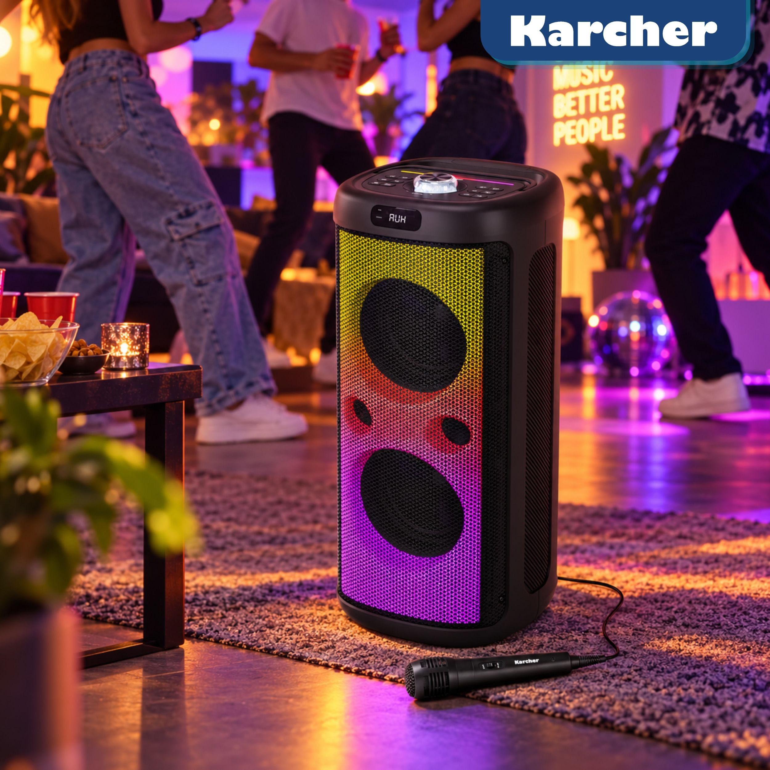 Ein schwarzer Karcher-Partylautsprecher mit bunten Lichtern steht auf einem Teppich, während im Hintergrund Leute tanzen.