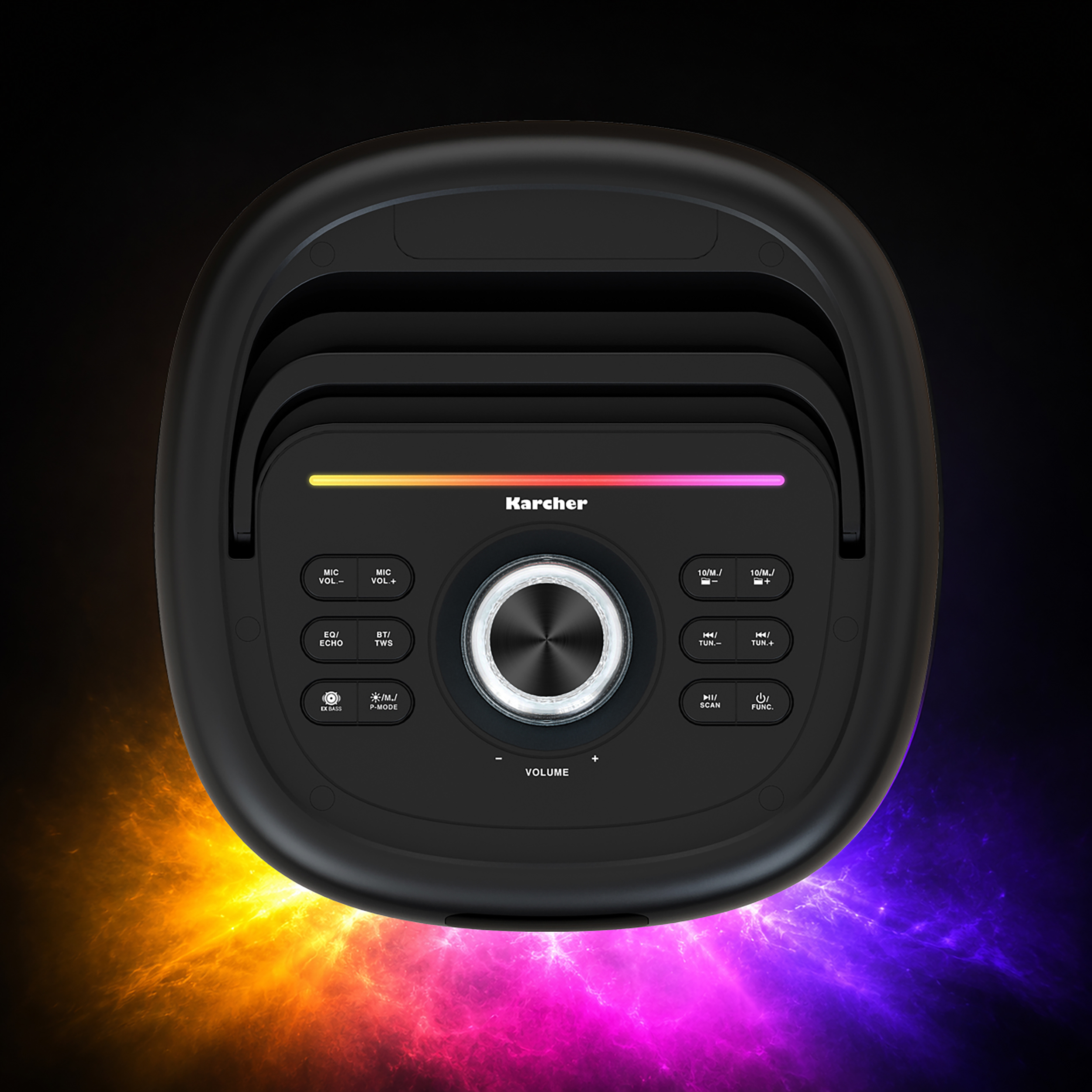 Schwarzer Karcher Bluetooth-Lautsprecher mit zentralem Lautstärkeregler und bunten LEDs vor farbigem Hintergrund.