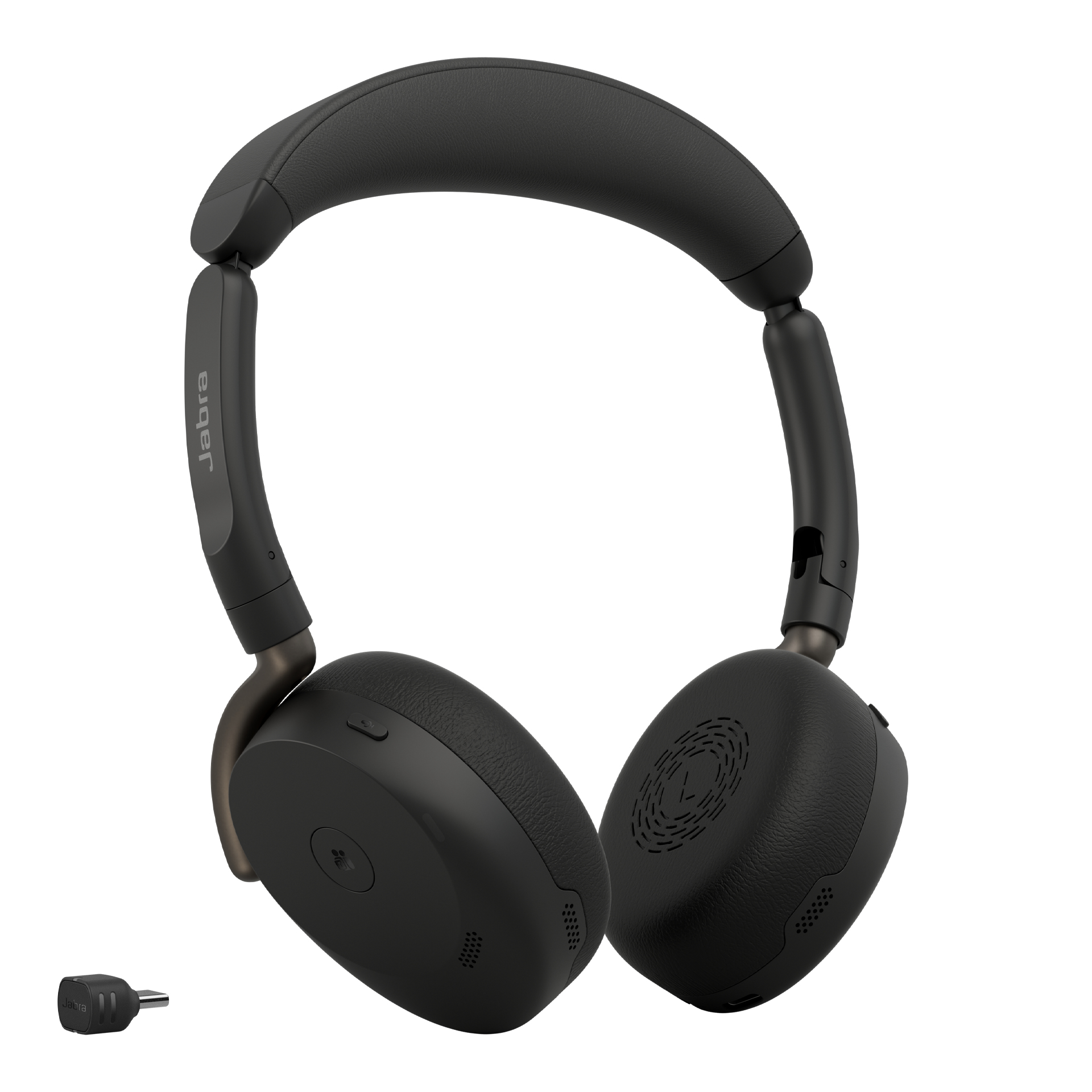 Schwarze kabellose Jabra Over-Ear-Kopfhörer mit abgebildetem USB-C-Adapter auf weißem Hintergrund.