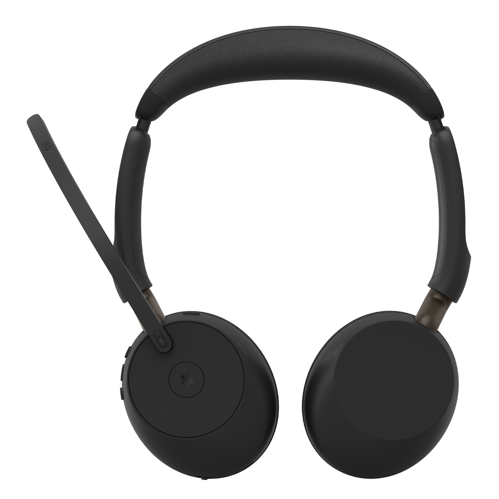Schwarze Over-Ear-Kopfhörer mit gepolstertem Bügel, runden Muscheln und einem ausklappbaren Mikrofonarm auf weißem Grund.