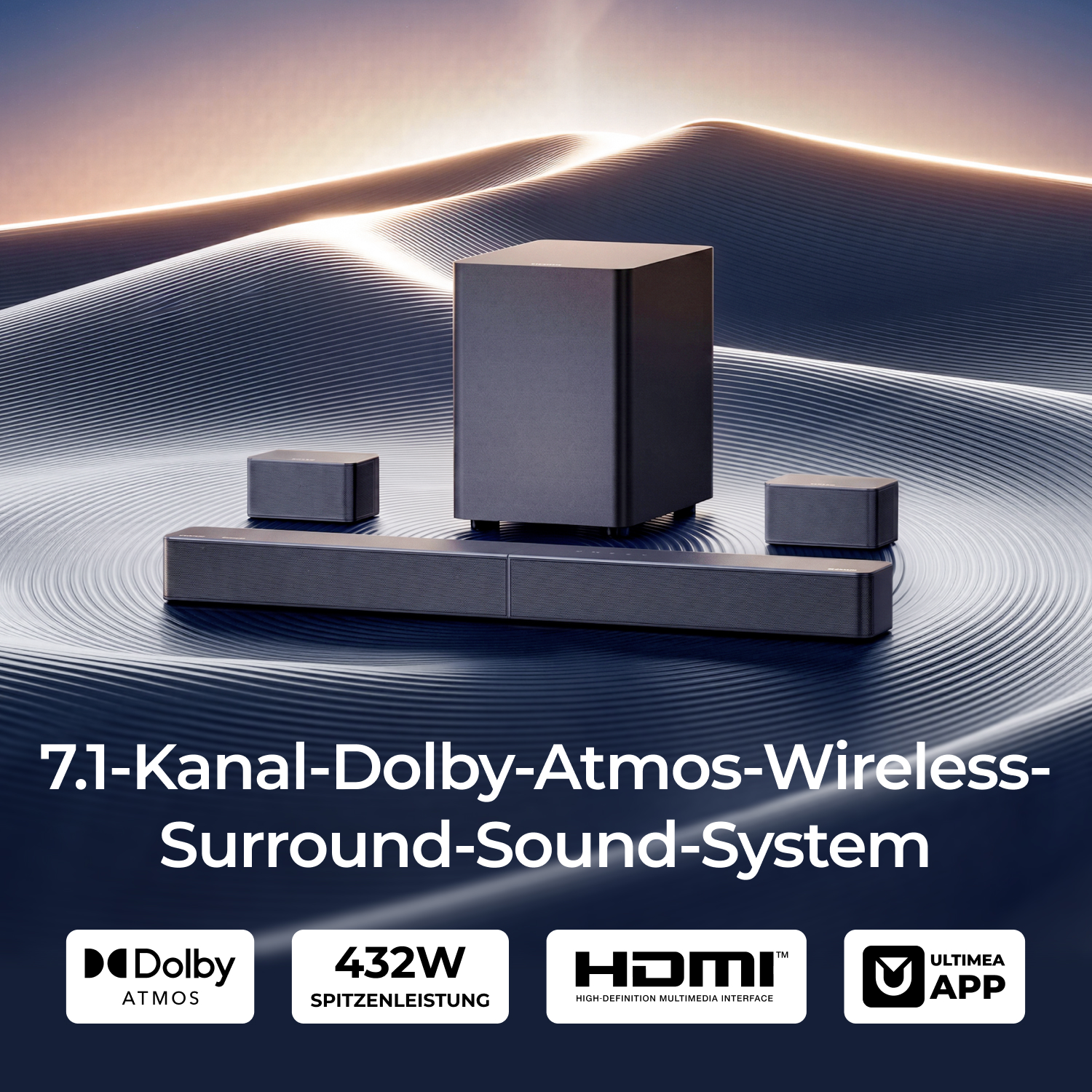 Un système de son surround sans fil Dolby Atmos 7.1 noir placé sur une surface ondulée stylisée.