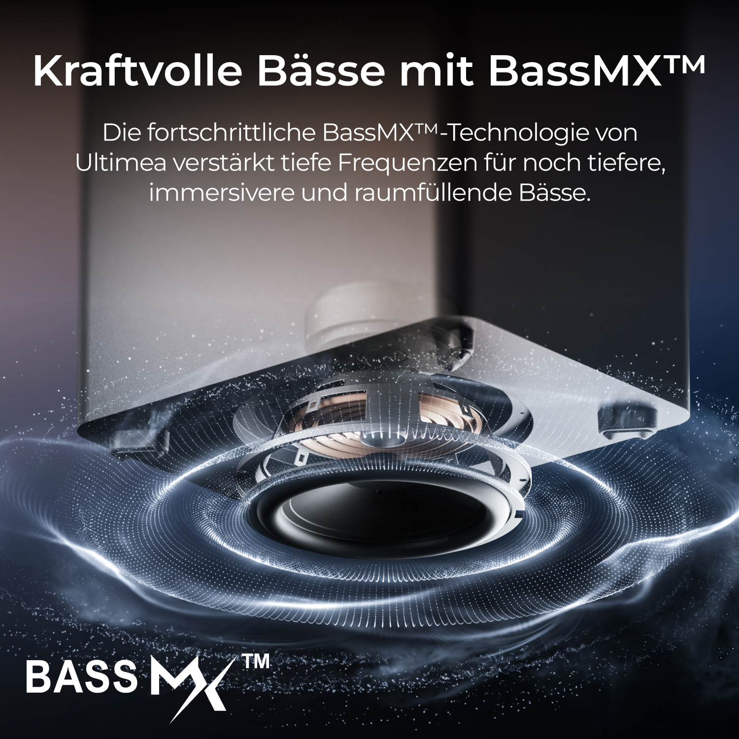 Haut-parleur avec technologie BassMX créant des ondes sonores visibles pour des basses puissantes.