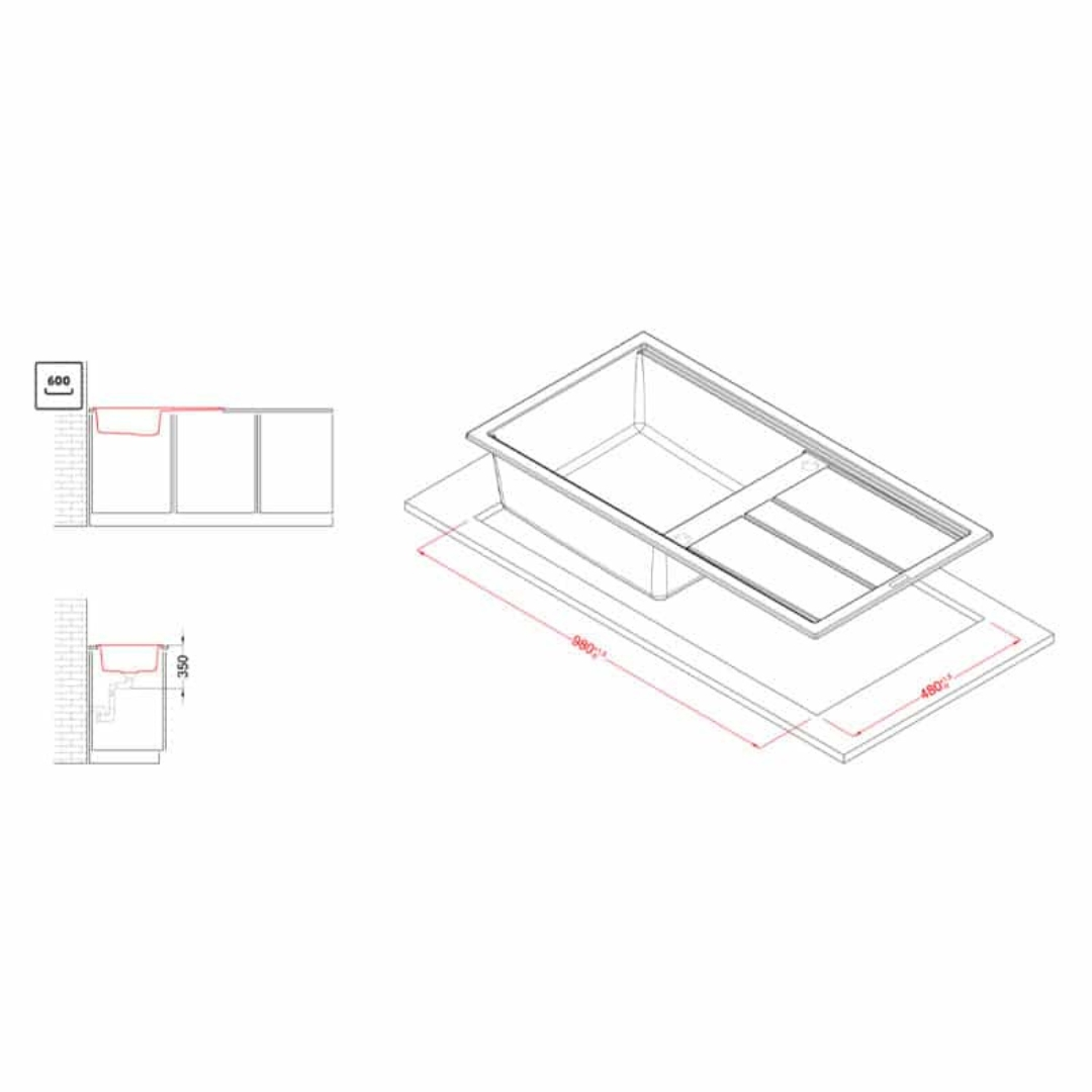 Disegno tecnico di un lavello da cucina rettangolare con quote e schizzi di installazione.
