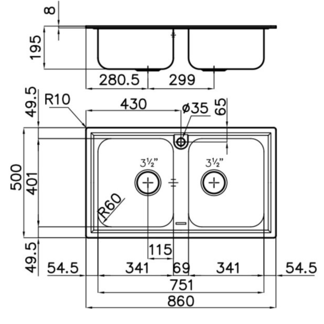 Disegno tecnico di un lavello a doppia vasca con dimensioni in mm.