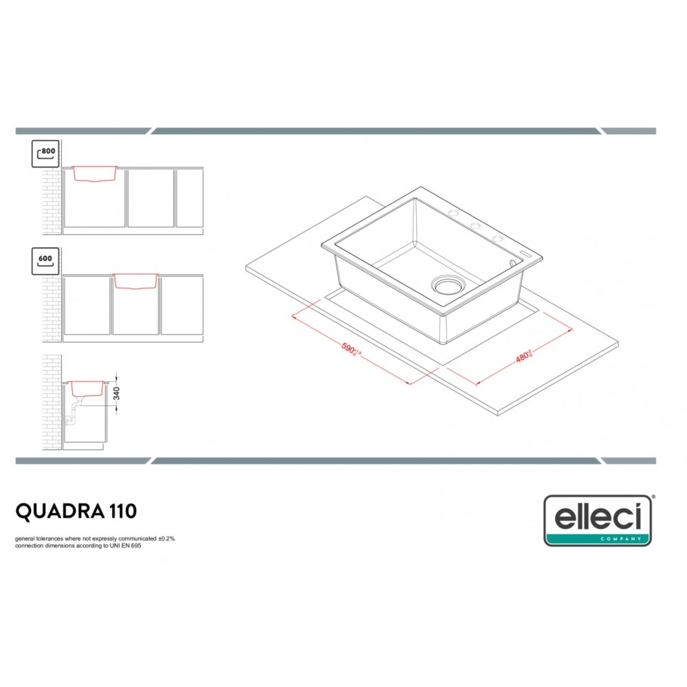 Disegno tecnico del lavello da cucina Quadra 110 con dimensioni e opzioni di installazione.