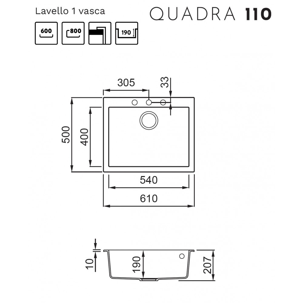Disegno tecnico del lavello Quadra 110 con dimensioni in millimetri.