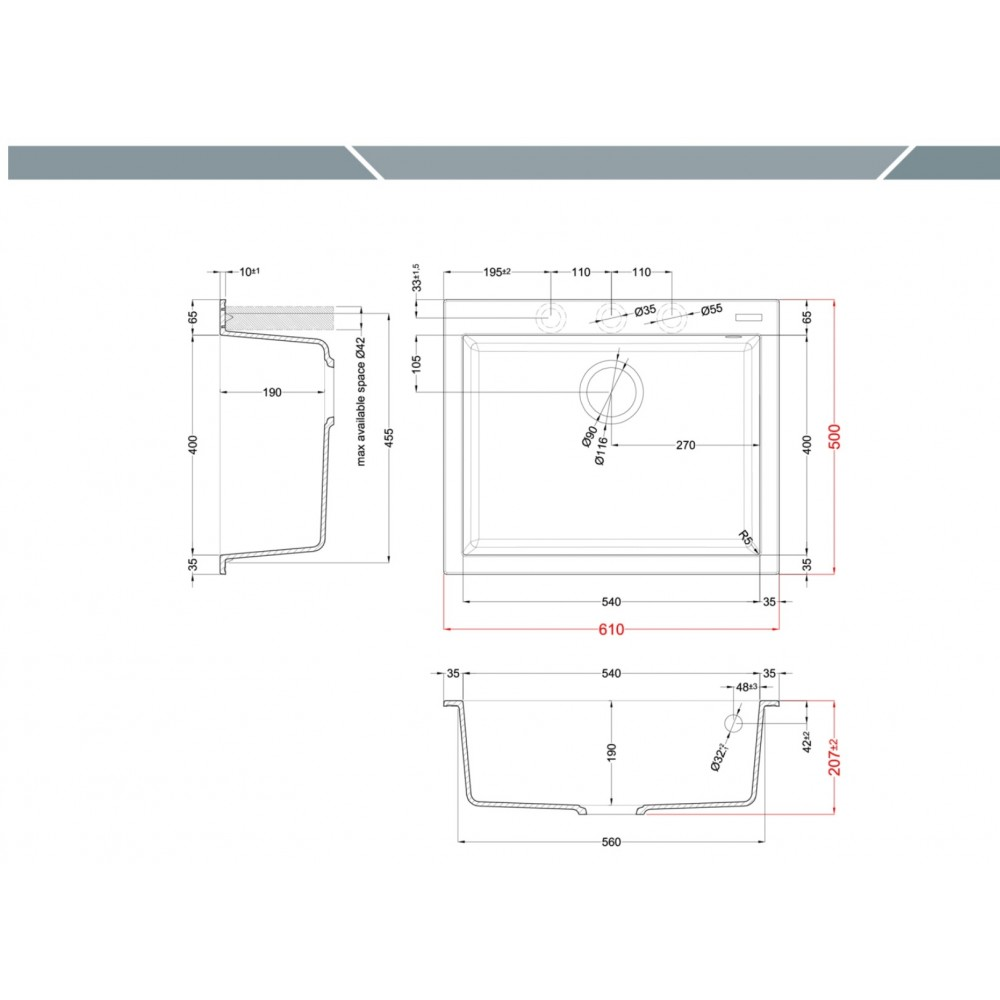 Disegno tecnico di un lavello da cucina con quote in millimetri dall'alto, frontale e laterale.