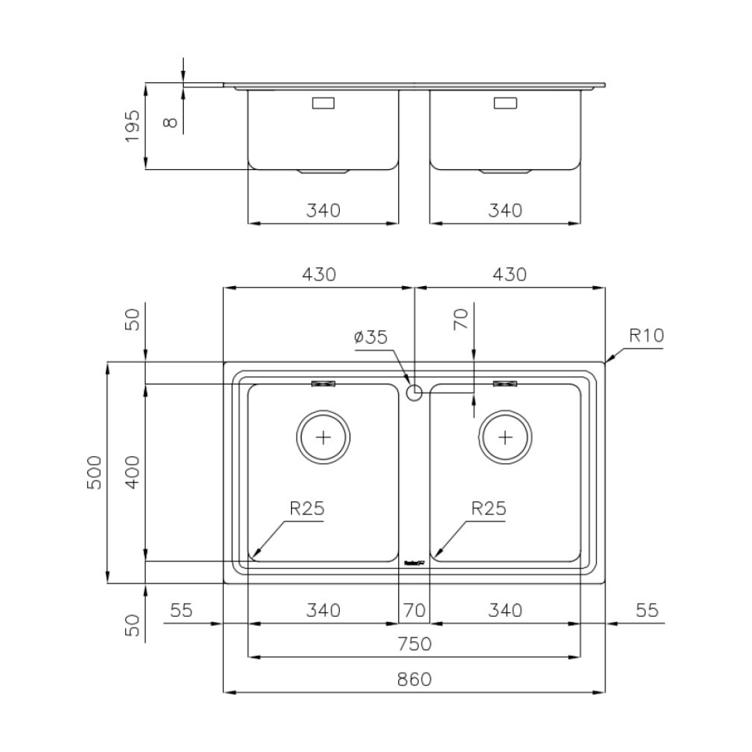 Disegno tecnico di un lavello da cucina doppio con quote in millimetri.