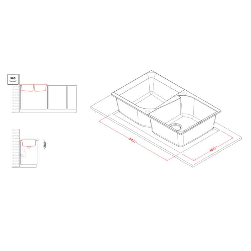 Disegno tecnico di un lavello da cucina doppio con quote e viste di installazione su fondo bianco.