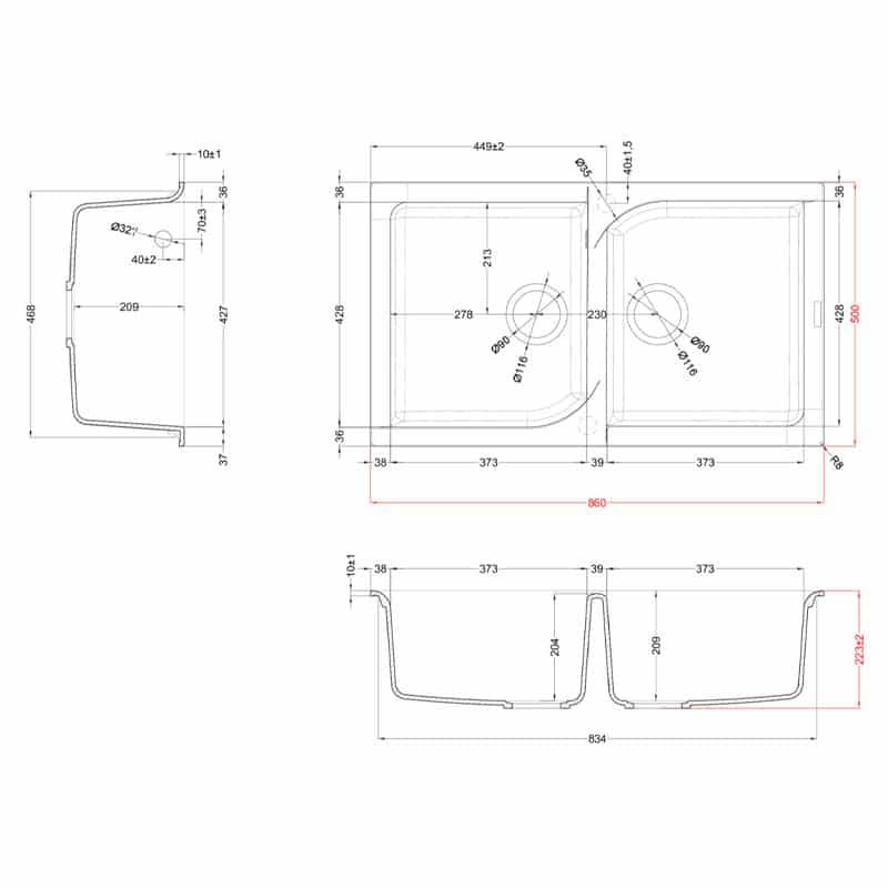 Disegno tecnico di un lavello a due vasche con misure.