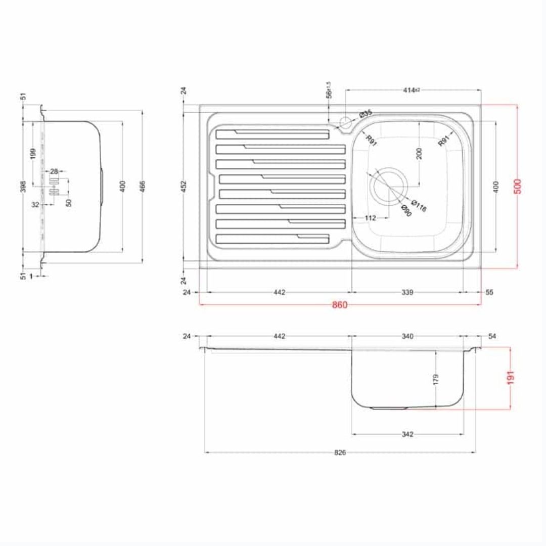 Disegno tecnico di un lavello da cucina con quote in millimetri da varie angolazioni.