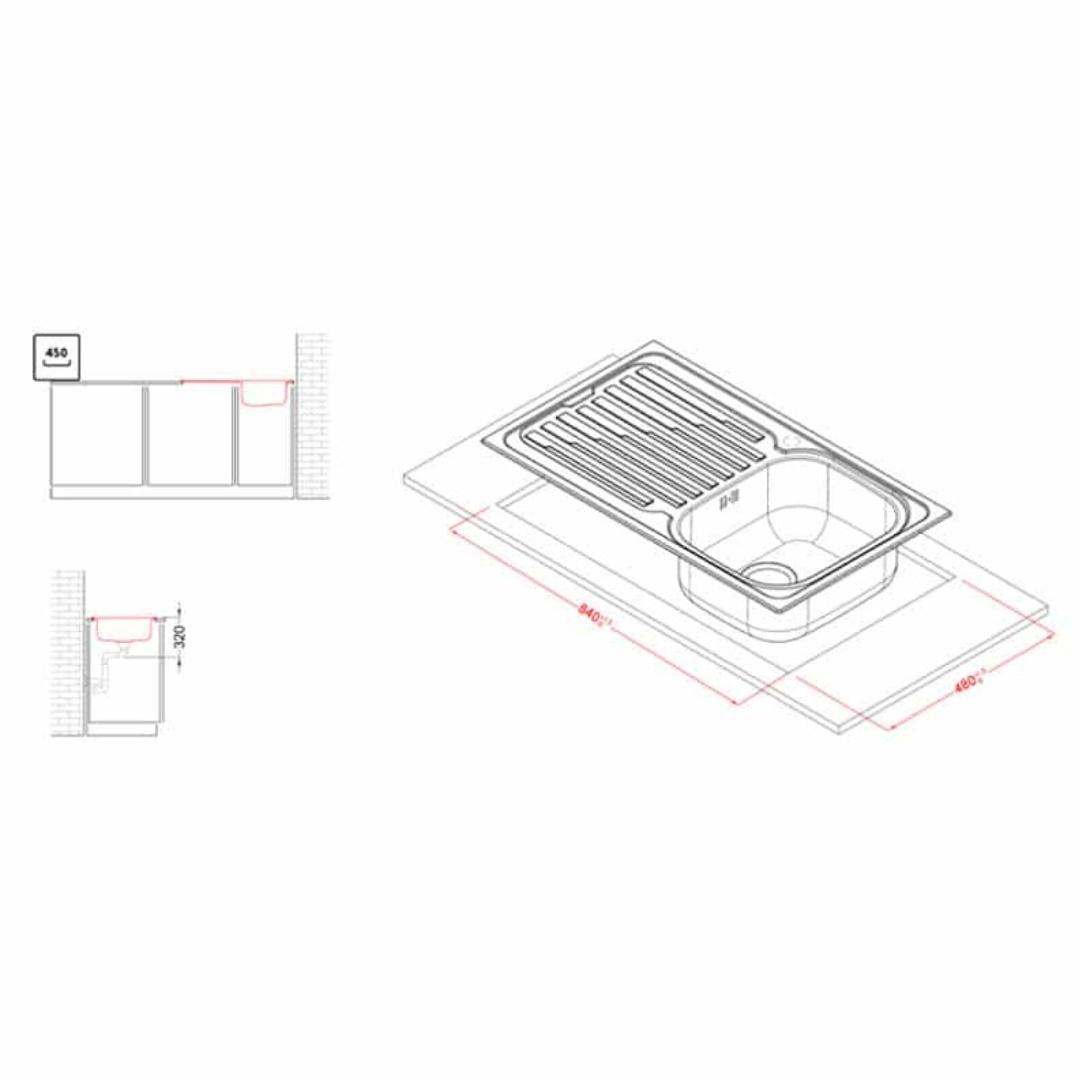 Disegno tecnico di un lavello da cucina con dimensioni, dettagli di installazione e vista isometrica 3D su un piano di lavoro.