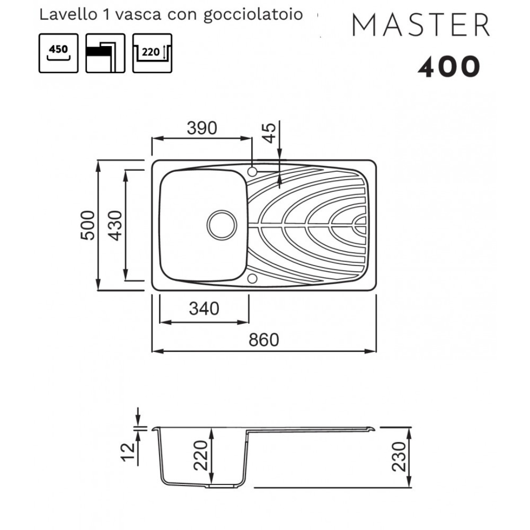 Disegno tecnico di un lavello da cucina con dimensioni, incluse viste dall'alto e laterale.