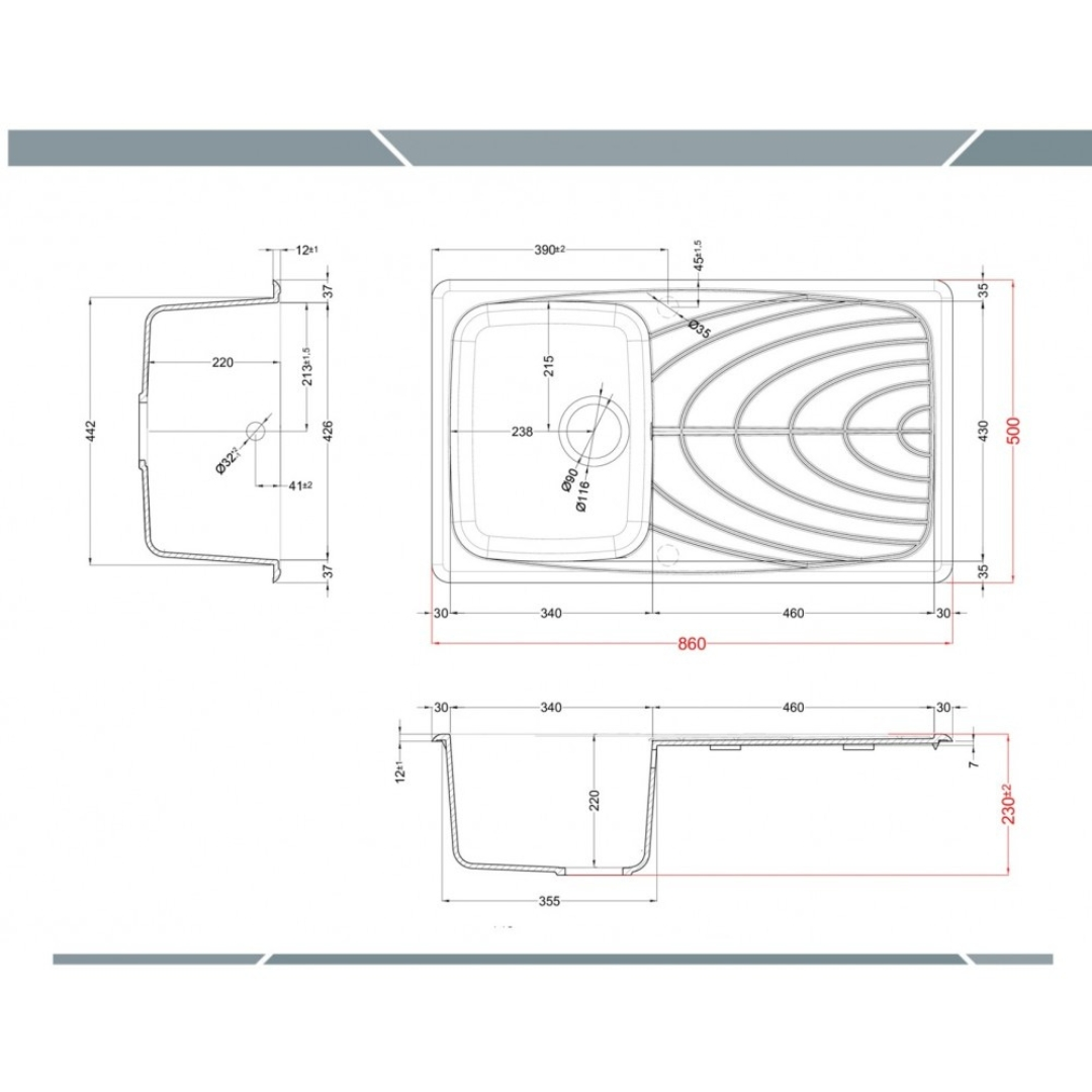 Disegno tecnico di un lavello da cucina con quote e viste.