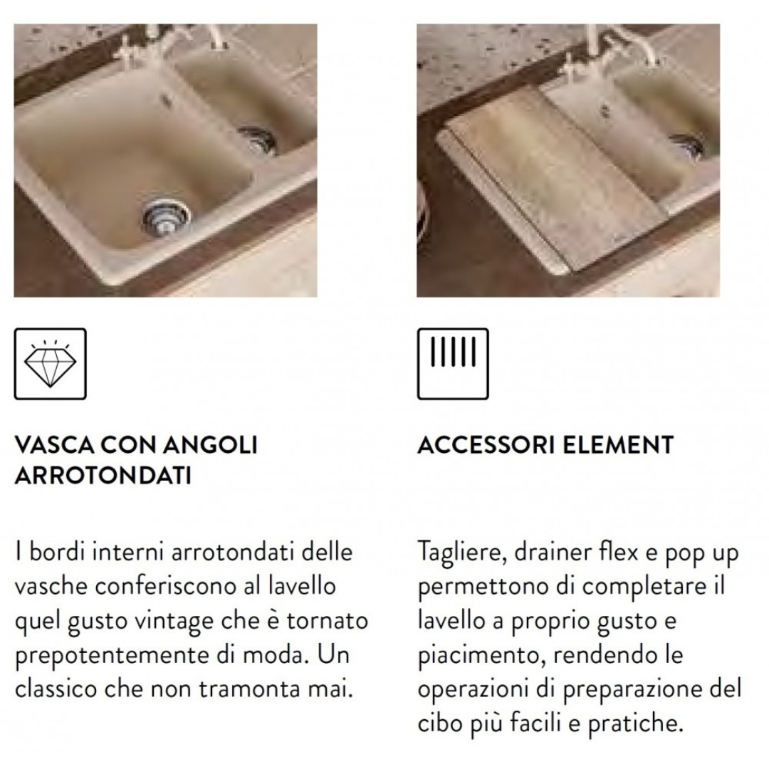 Lavello da cucina beige a due vasche con accessori integrati su piano di lavoro in legno.