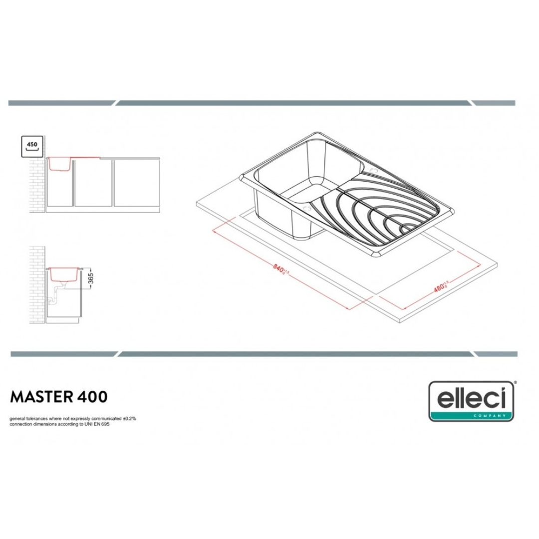 Disegno tecnico del lavello Master 400 con misure e schemi di installazione.