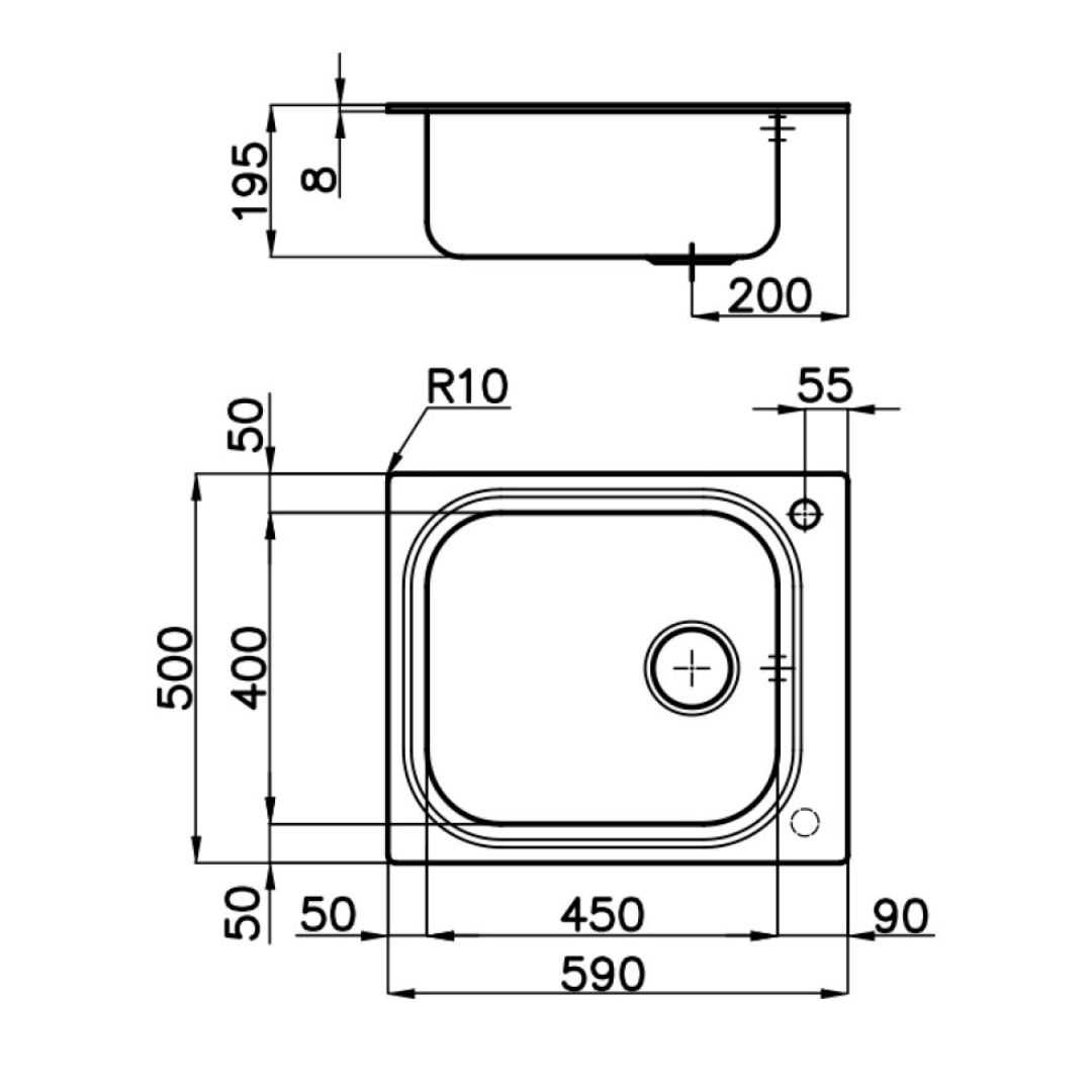 Disegno tecnico di un lavello quadrato con dimensioni in mm.