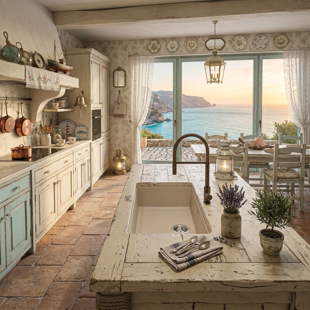 Cucina rustica con isola bianca, lavello e grandi finestre che offrono una vista sul mare soleggiato.
