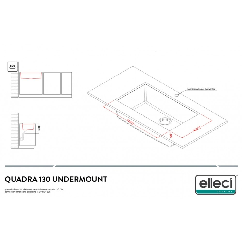 Disegno tecnico del lavello sottotop Quadra 130 con quote.