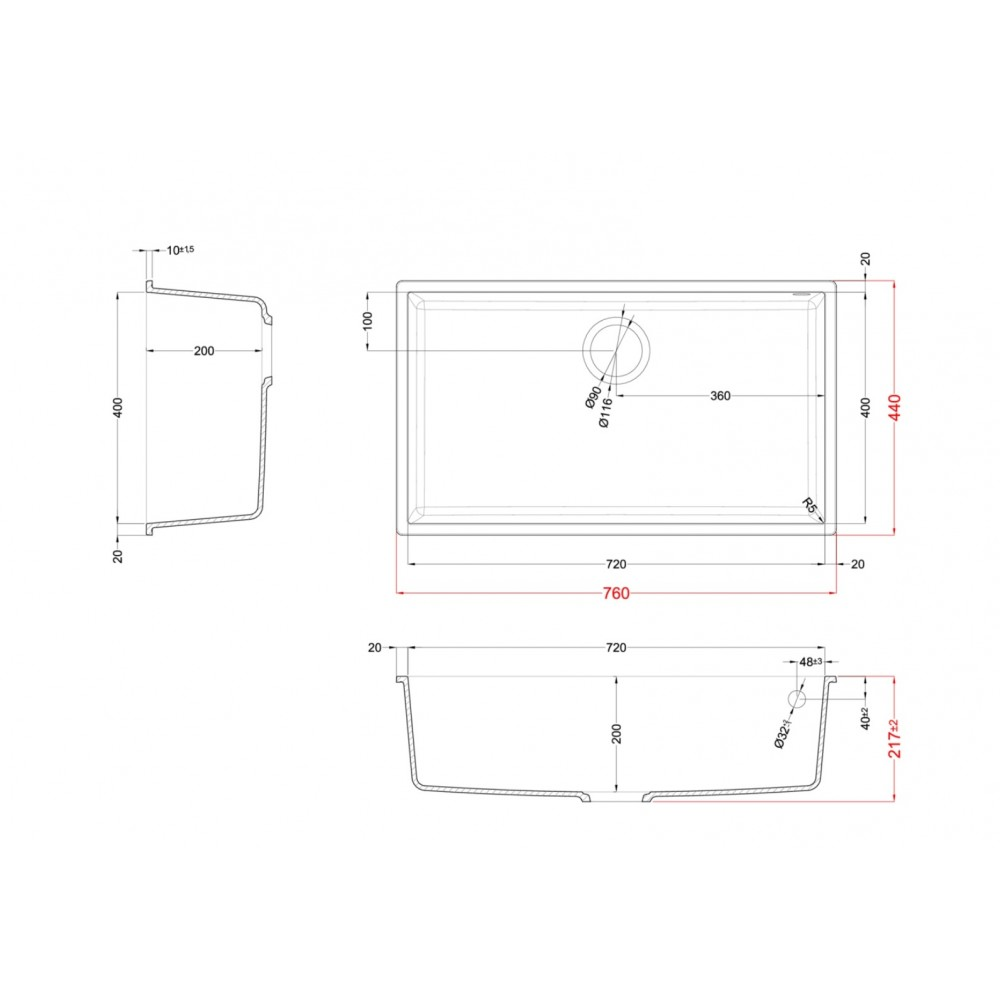 Disegno tecnico di un lavello da cucina con quote e viste dall'alto, frontale e laterale.