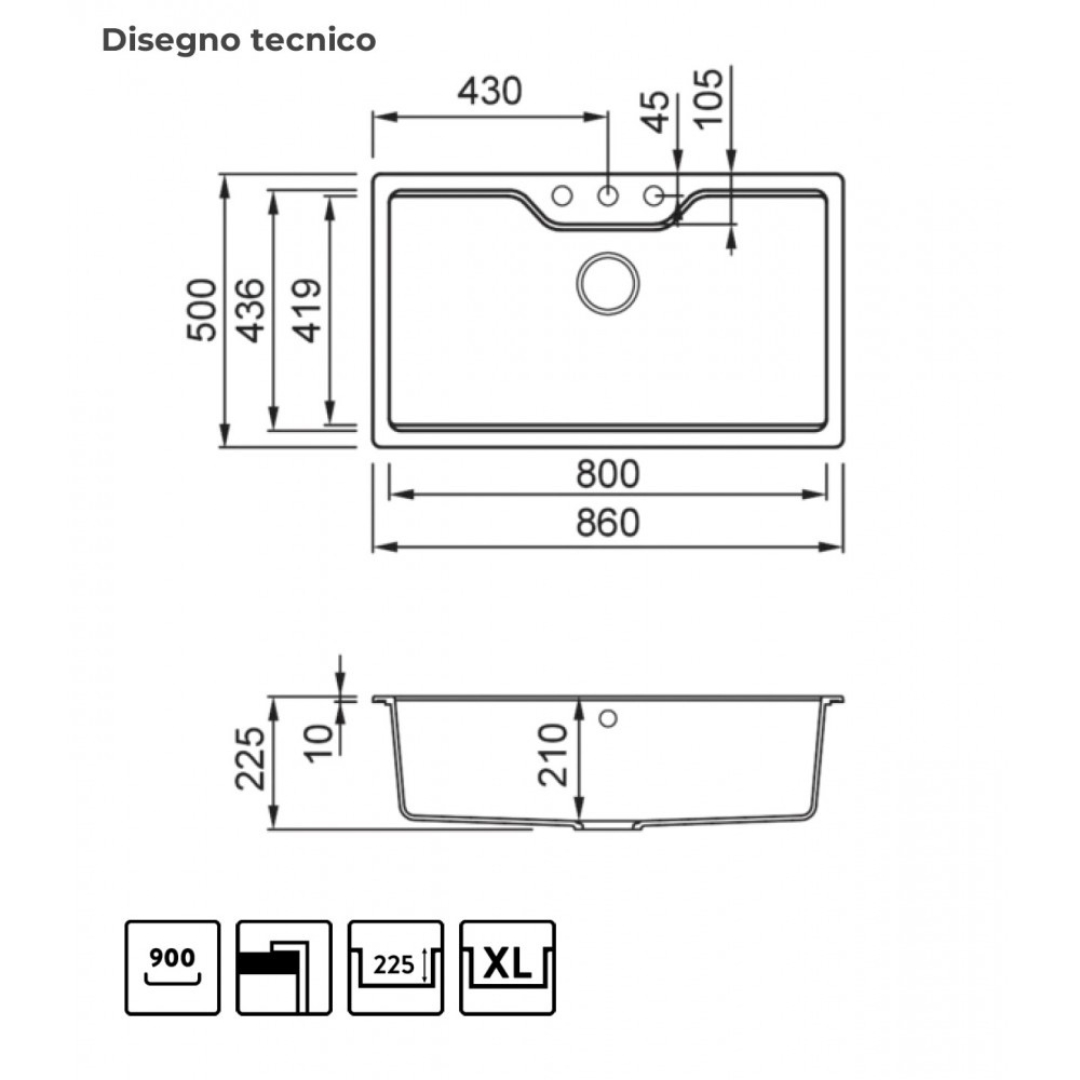 Disegno tecnico di un lavello da cucina con dimensioni in mm dall'alto e di lato.