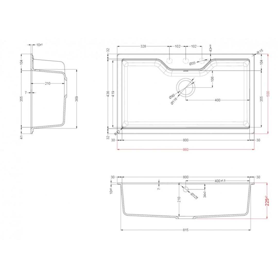 Disegno tecnico di un lavello rettangolare con viste dall'alto, laterale e frontale e quote.