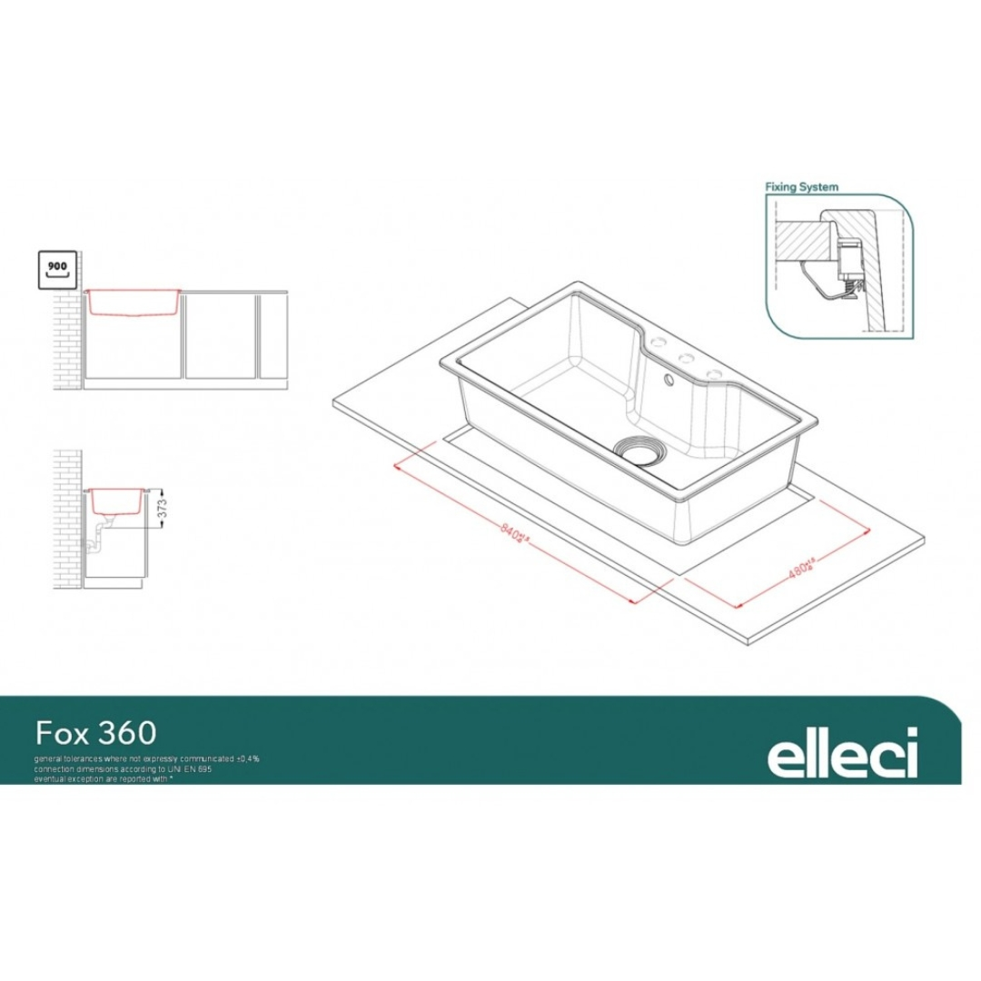 Disegno tecnico del lavello Elleci Fox 360 con dimensioni, dettagli di installazione e marchio.