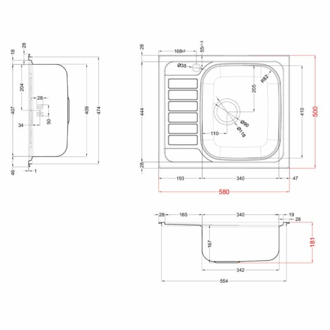 Disegno tecnico di un lavello da cucina con quote in millimetri da tre prospettive.