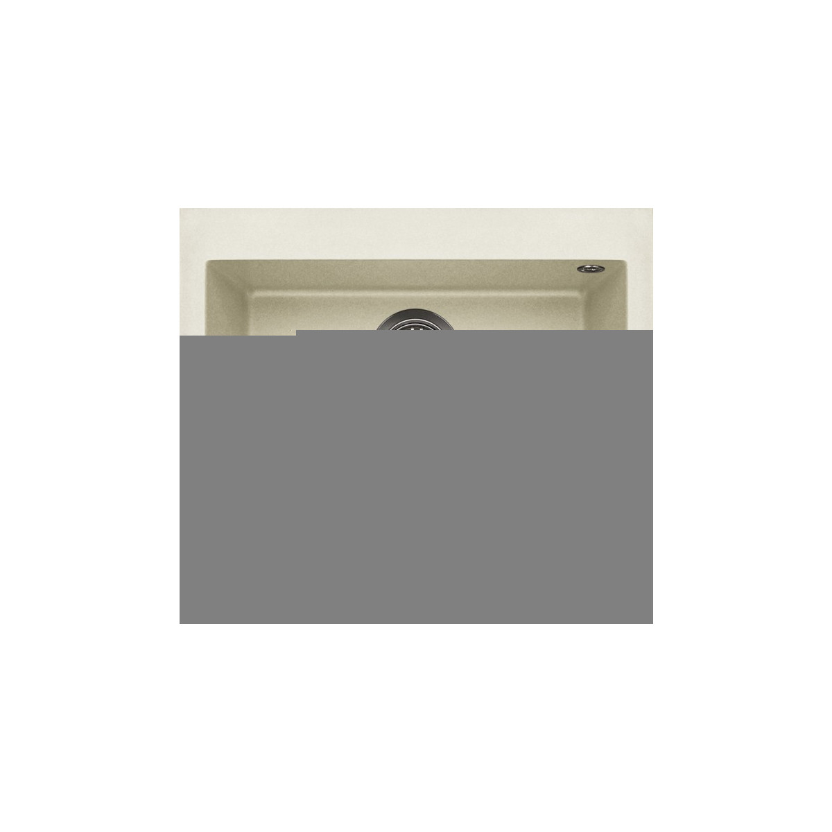 Lavello rettangolare beige opaco con scarico in metallo su superficie chiara.
