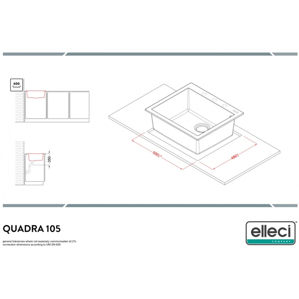 Disegno tecnico del lavello Quadra 105 con quote.
