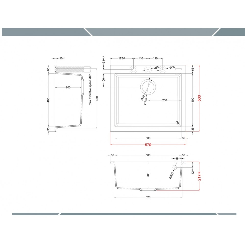 Disegno tecnico di un lavello da cucina con dimensioni in millimetri da più prospettive.