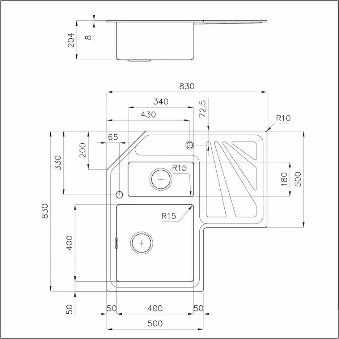 Disegno tecnico di un lavello angolare a due vasche con gocciolatoio e relative quote.