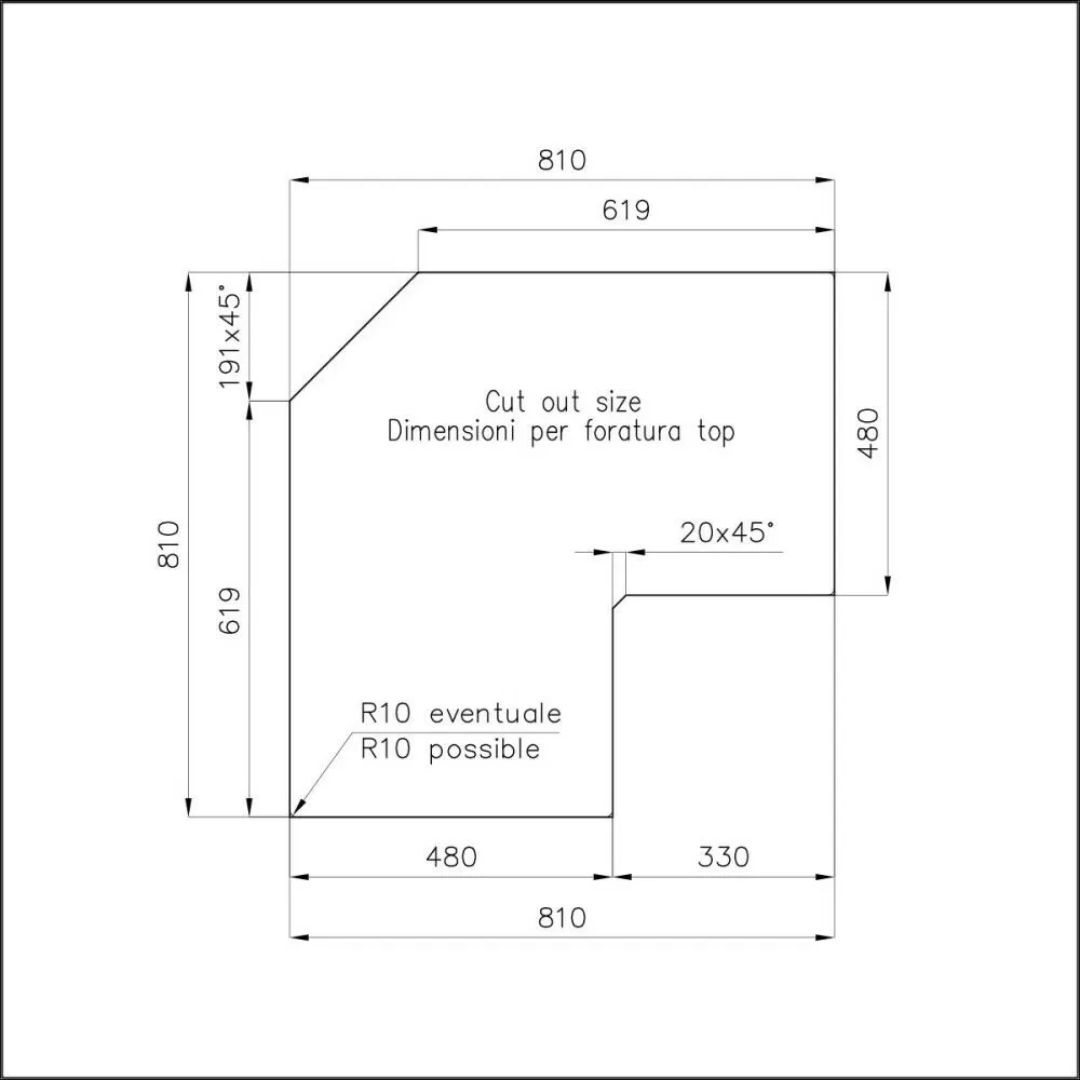 Disegno tecnico di un piano di lavoro a L con quote in millimetri.