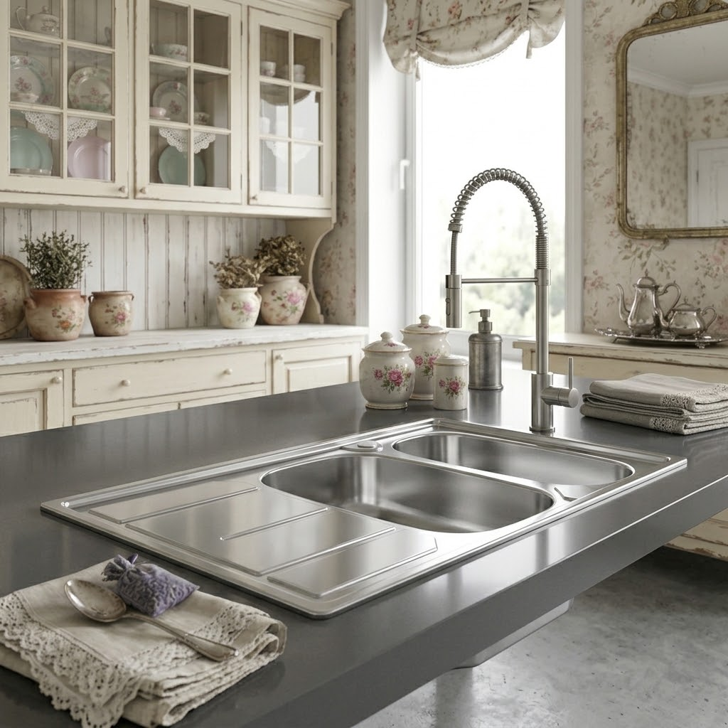 Lavello in acciaio inox con rubinetto moderno in una cucina luminosa e classica con dettagli floreali.