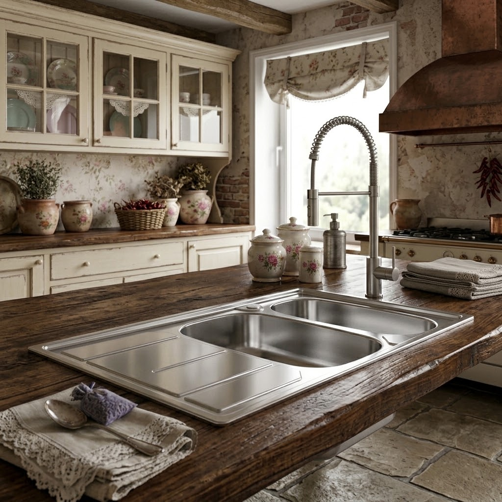 Cucina rustica con isola in legno, lavello in acciaio, cappa in rame e mobili crema con vetri.