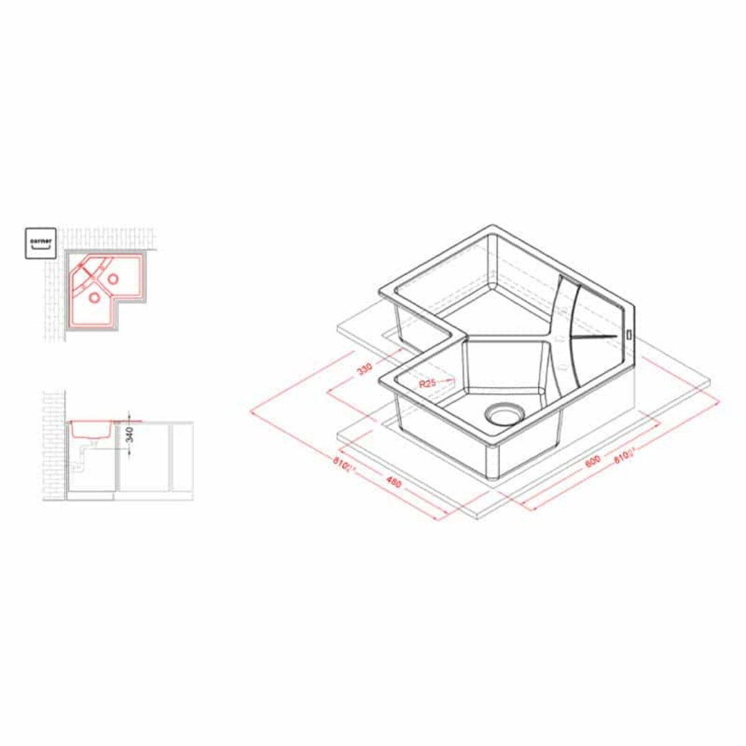Disegno tecnico di un lavello da cucina angolare con quote e due viste.