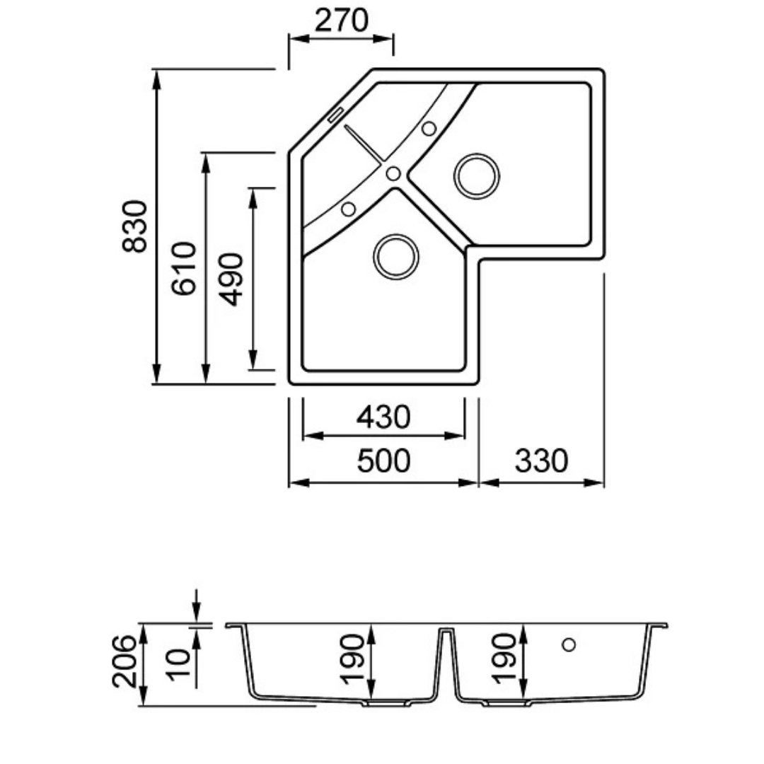 Disegno tecnico di un lavello angolare con quote in millimetri per lunghezza, larghezza e altezza.