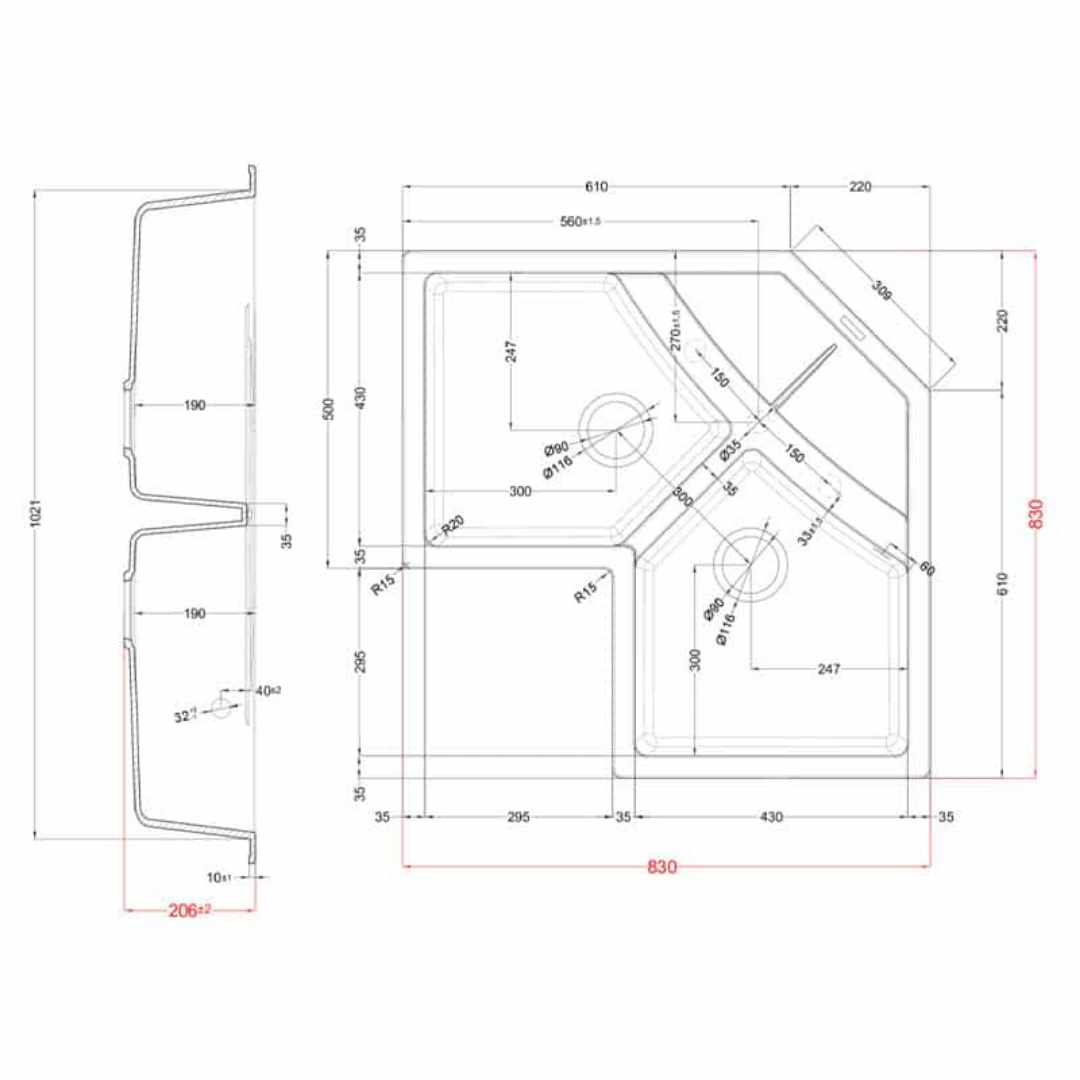 Disegno tecnico di un lavello angolare con quote e profilo laterale.