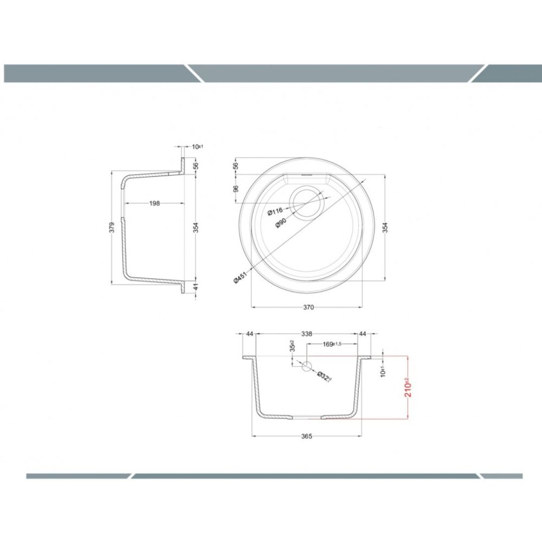 Disegno tecnico di un lavello rotondo con quote e viste in sezione.