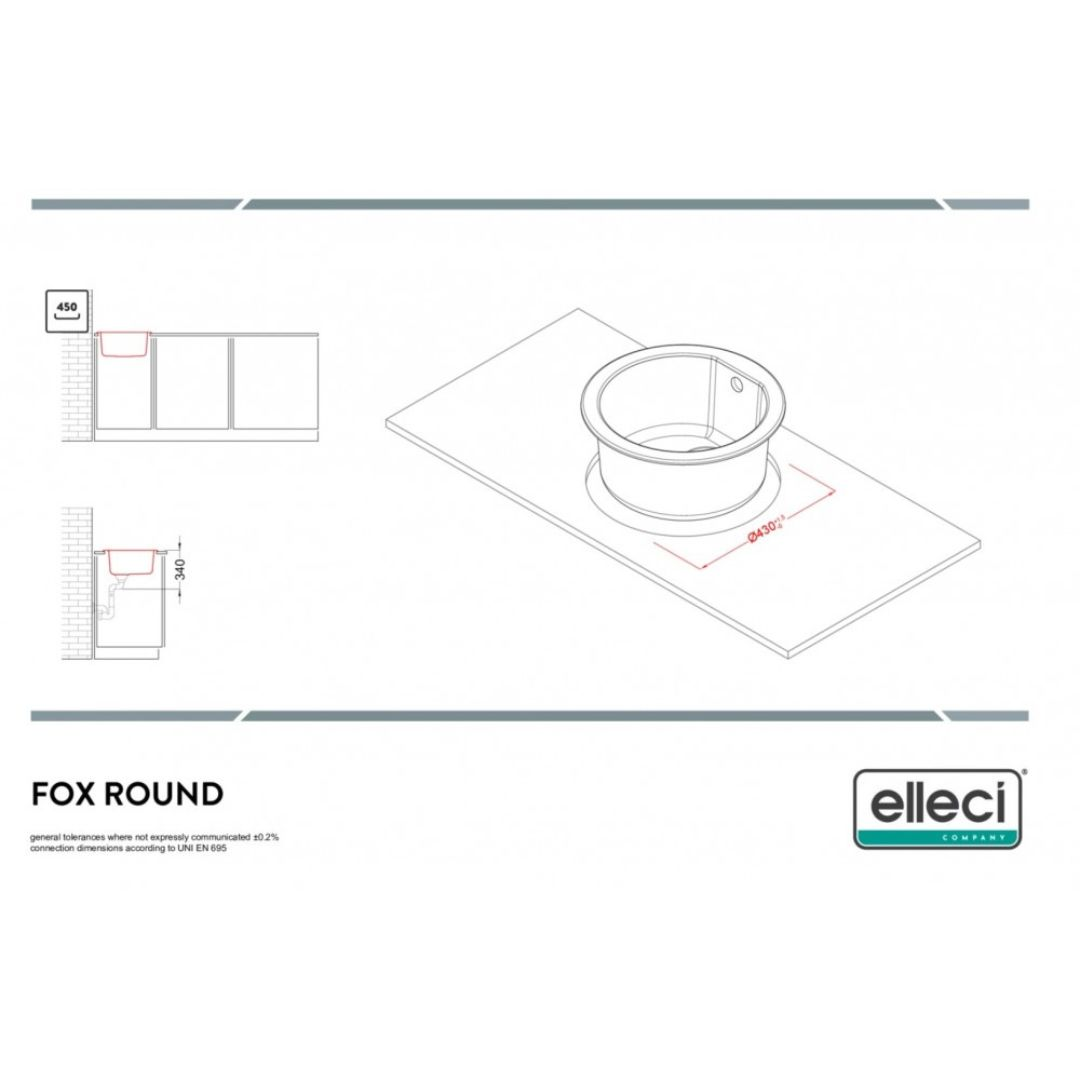 Disegno tecnico di un lavello da cucina rotondo con dimensioni e logo Elleci.