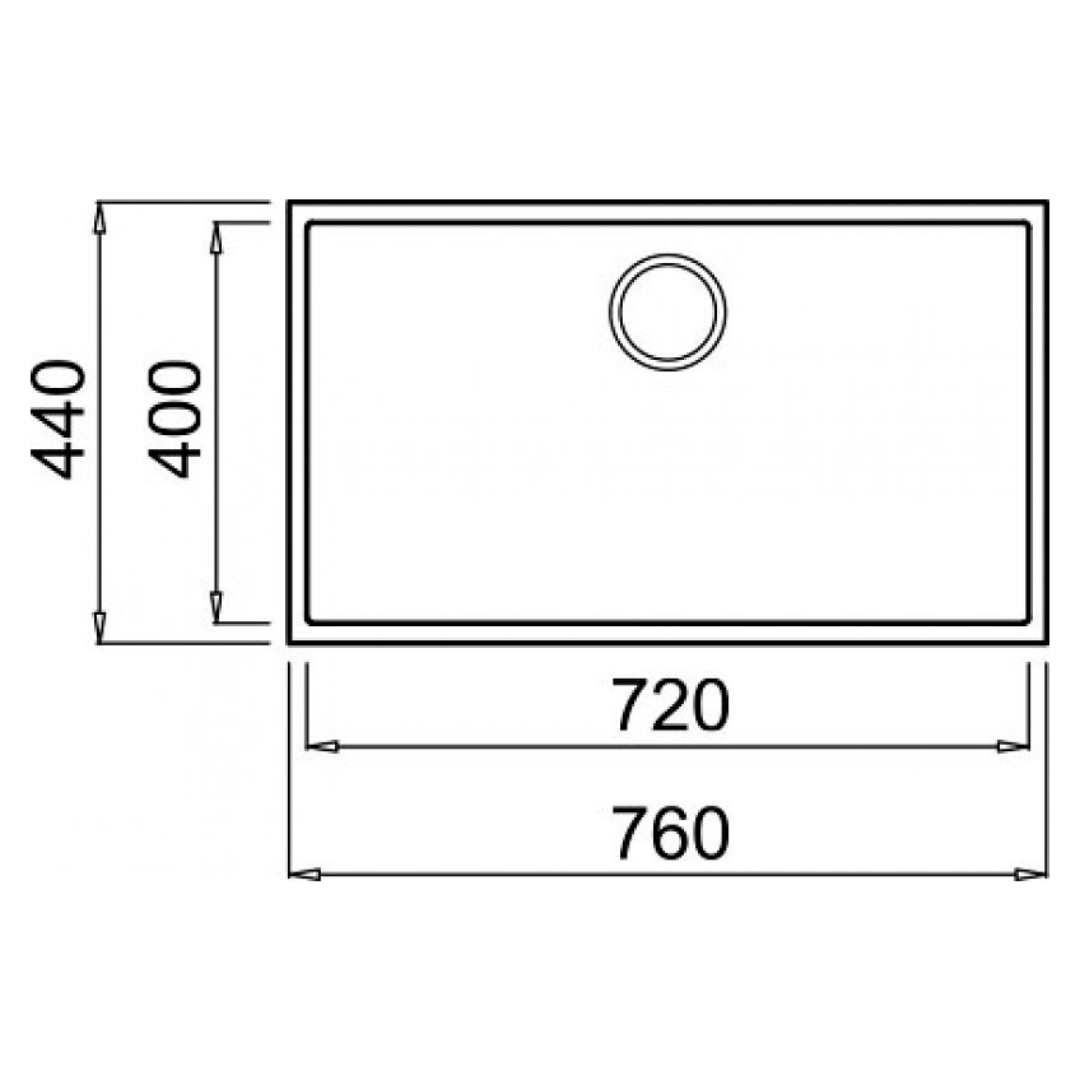Disegno tecnico di un lavello rettangolare con dimensioni in millimetri.