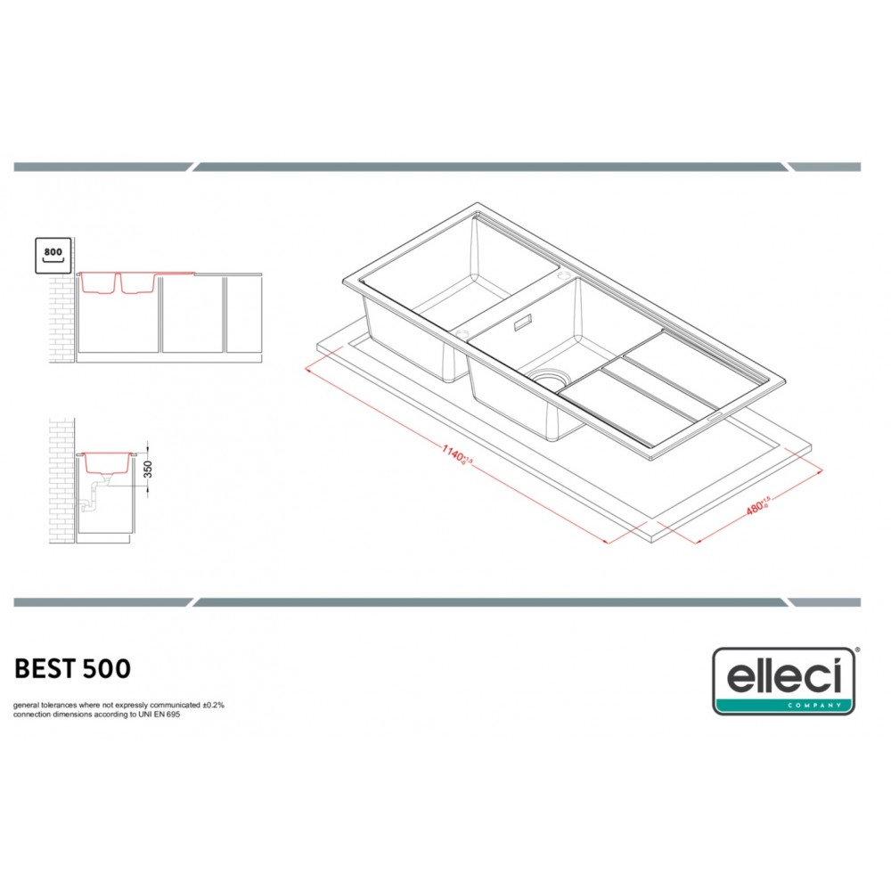 Disegno tecnico di un lavello da cucina doppio con dimensioni e logo Elleci.