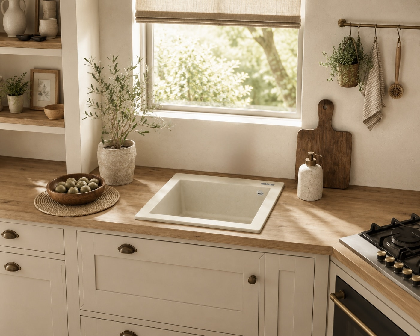 Cucina luminosa con piano di lavoro in legno, lavello, piante e piano cottura vicino a una finestra soleggiata.