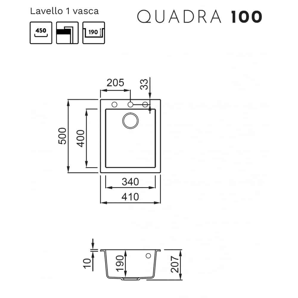 Disegno tecnico del lavello Quadra 100 con quote e misure.