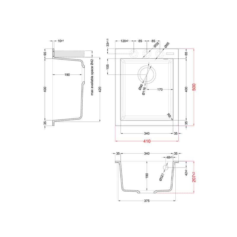 Disegno tecnico di un lavello da cucina con misure di dimensioni in millimetri da varie angolazioni.