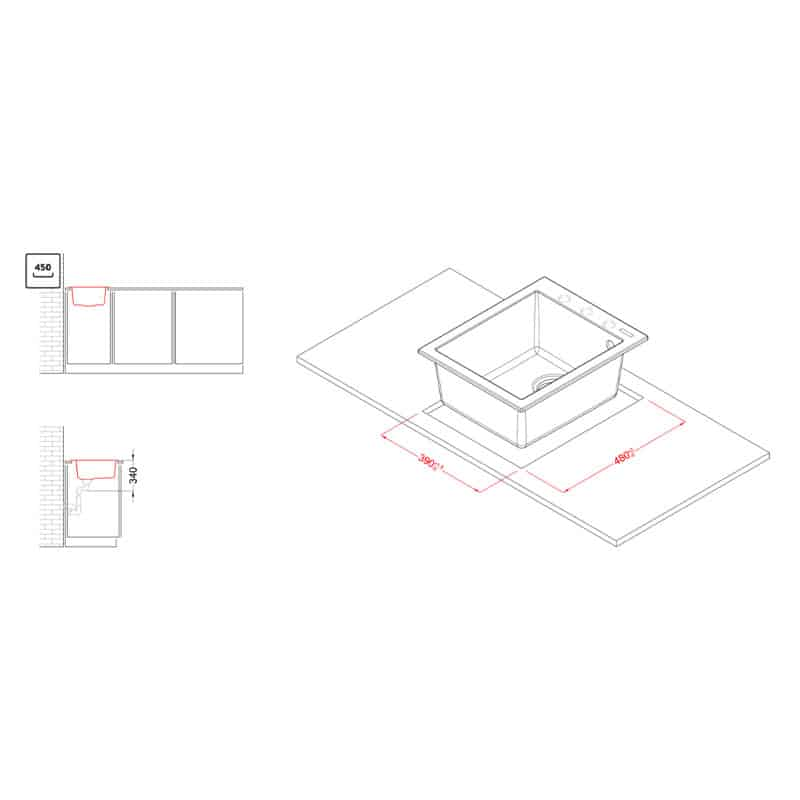 Disegno tecnico di un lavello da cucina con dimensioni e schemi di installazione.
