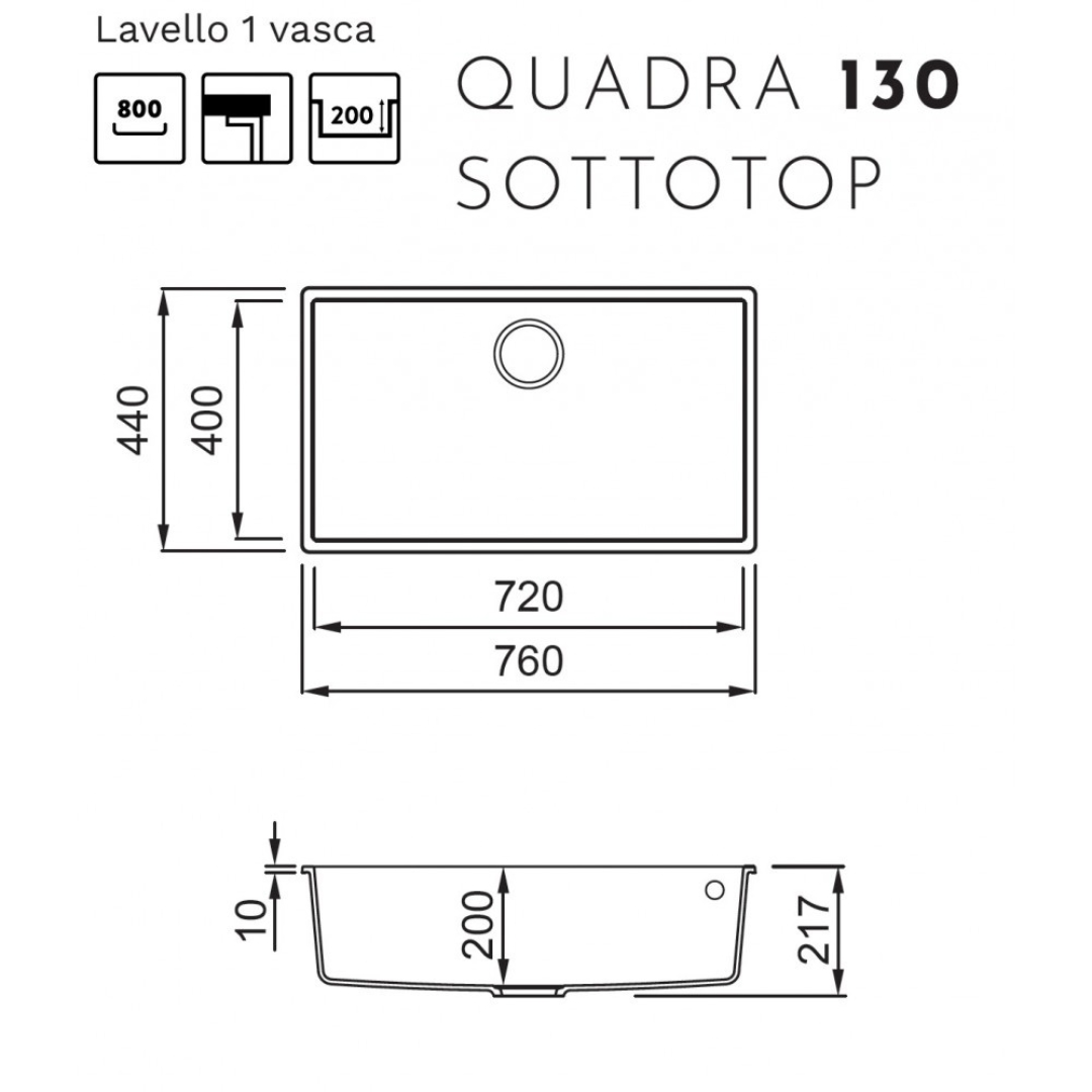 Disegno tecnico del lavello Quadra 130 Sottotop con quote in millimetri.