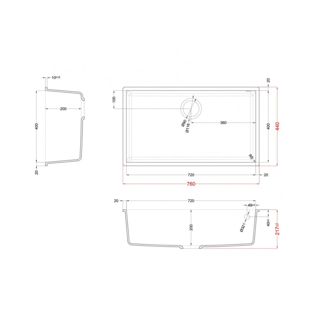 Disegno tecnico di un lavello da cucina con dimensioni in millimetri da tre diverse viste.
