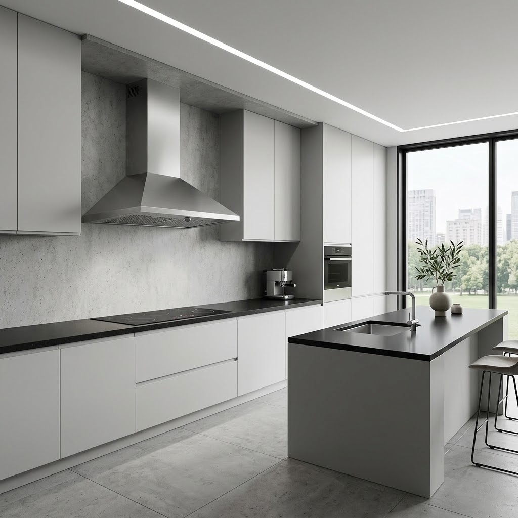 Moderna cucina bianca e grigia con piani di lavoro neri, grande cappa aspirante e isola cucina con vista sulla finestra.